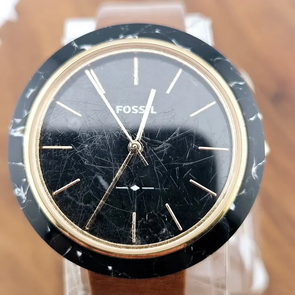 Fossil Womens Black Marble Bezel Watch Brown Leather Band Elevated Basic ES-4382